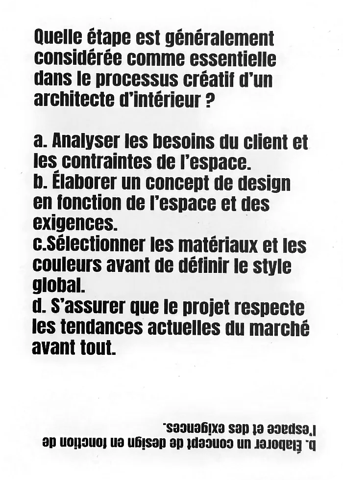 Carte réelle — question QCM sur le processus créatif d'un architecte d'intérieur